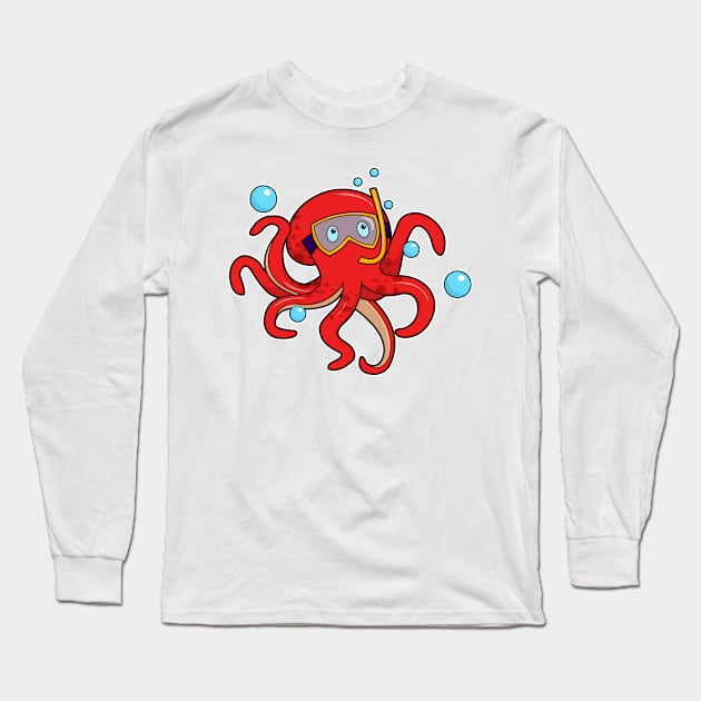 Octopus at Diving with Swimming goggles & Snorkel Long Sleeve T-Shirt by Markus Schnabel